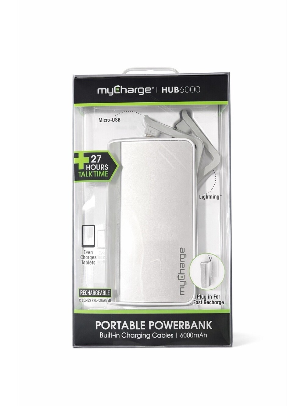 myCharge HUB6000 6000mAh Power Bank Built-in Cables iPhone Android USB